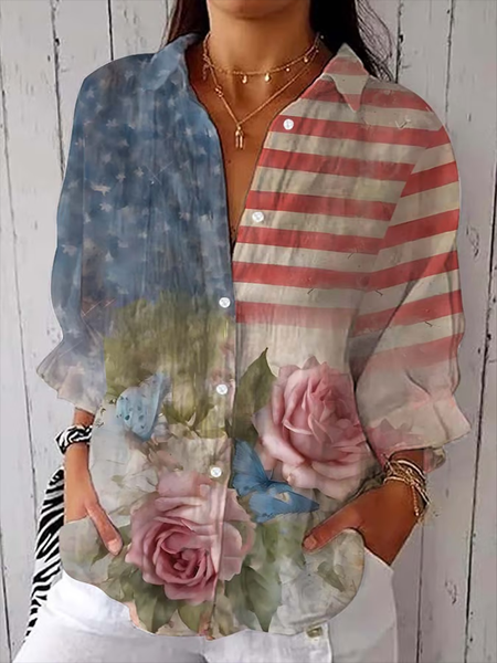 Women Floral Three Quarter Sleeve Shirt Spring/Fall Printing Shirt Collar Daily Casual Top, JustFashionNow Shirts, color:As Picture|size:5XL,