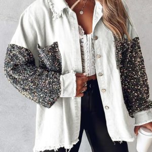 Plus Size Contrast Sequin Raw Hem Shacket, women Jackets & Coats, ChicMe catalog