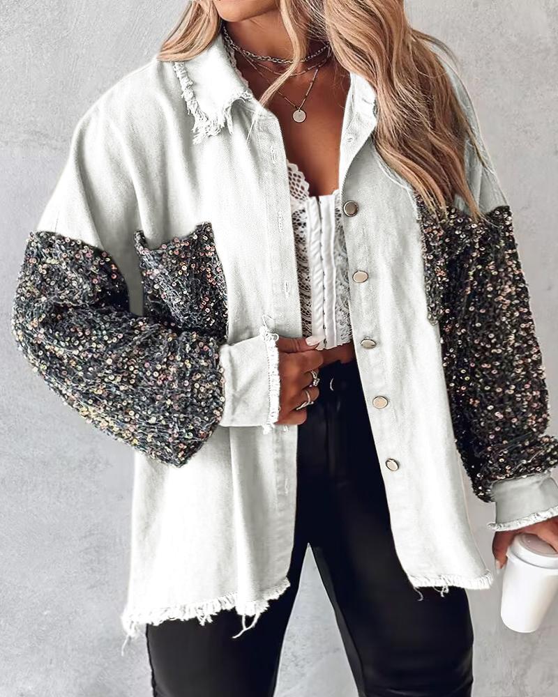 Plus Size Contrast Sequin Raw Hem Shacket, women Jackets & Coats, ChicMe catalog