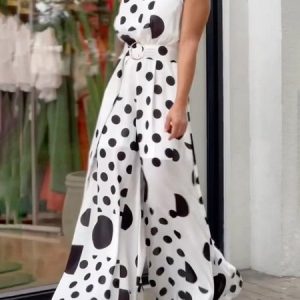 Vacation Polka Dots Stand Collar Jumpsuit With Belt, Jumpsuits, color:Black-white|size:XXL, Stylewe