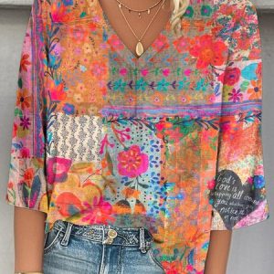 V Neck Three Quarter Sleeve 3D Printing Regular Loose Blouse For Women, Blouses, color:As Picture|size:XXL, catalog Noracora shop