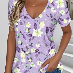 Vintage Floral V Neck Short Sleeve T-shirt, T-shirts, color:Purple|size:XXL, catalog Noracora shop