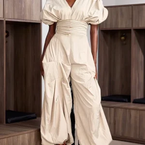 Casual Raglan Sleeves Plain V Neck Jumpsuit With Belt, Jumpsuits, color:Camel|size:XXL, Stylewe