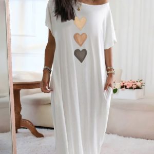 Heart Print Skew Neck Short Sleeve Maxi Dress Casual Pockets Design Loose Fit Loungewear Dress, women Casual Dresses, ChicMe catalog