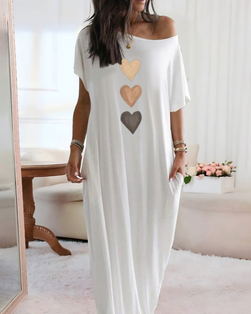 Heart Print Skew Neck Short Sleeve Maxi Dress Casual Pockets Design Loose Fit Loungewear Dress, women Casual Dresses, ChicMe catalog