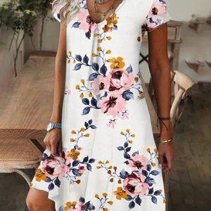 Women Floral Short Sleeve Summer Printing Dress V Neck Daily Casual Knee Length T-Shirt Dress H-Line Dress, JustFashionNow Casual Dresses, color:White|size:XXL,
