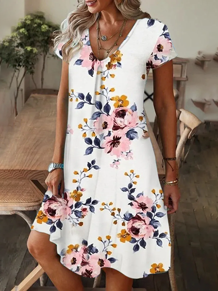 Women Floral Short Sleeve Summer Printing Dress V Neck Daily Casual Knee Length T-Shirt Dress H-Line Dress, JustFashionNow Casual Dresses, color:White|size:XXL,