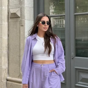 Cotton And Linen Urban Plain Shirt, Blouses and Shirts, color:Light Purple|size:XXL, Stylewe