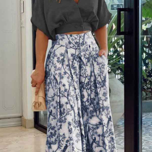 Women Floral Printing Dolman Sleeve Two-Piece Set Daily Half Sleeve Casual Summer Top With Pants Matching Set, JustFashionNow Suit Set, color:Black|size:3XL,