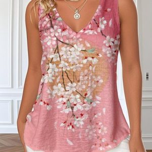 Casual Floral V Neck Sleeveless T-shirt, Tanks & Camis, color:As Picture|size:4XL, catalog Noracora shop