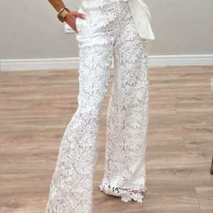 Urban Lace Straight Fashion Pants, Pants, color:White|size:XXL, Stylewe