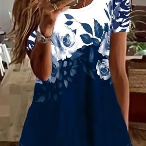 Women Floral Short Sleeve Tee T-shirt Crew Neck Printing Casual Summer Graphic Tee Top, JustFashionNow T-Shirts, color:Purplish Blue|size:XXL