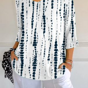 Women Striped Three Quarter Sleeve Tee T-shirt V Neck Printing Casual Spring/Fall Graphic Tee Top, JustFashionNow T-Shirts, color:White|size:5XL,