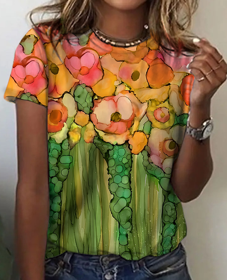 Women's Artistic Floral Illustration Print Cotton T-Shirt, T-shirts, Lilicloth.com