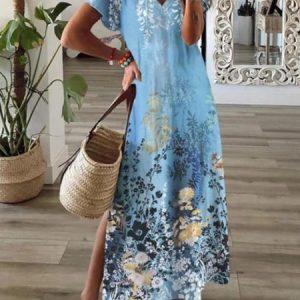 Women Floral Short Sleeve V Neck Dress Daily Casual Maxi X-Line Summer Dress, JustFashionNow Dresses, color:Blue|size:3XL