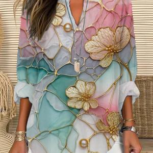 V Neck Long Sleeve Floral Printing Regular Loose Blouse For Women, Blouses, color:As Picture|size:5XL, catalog Noracora shop