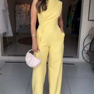 Sleeveless Ruched Asymmetrical Design Cut Overalls Casual Zipper Back Jumpsuit With Pockets, women Jumpsuits, ChicMe catalog