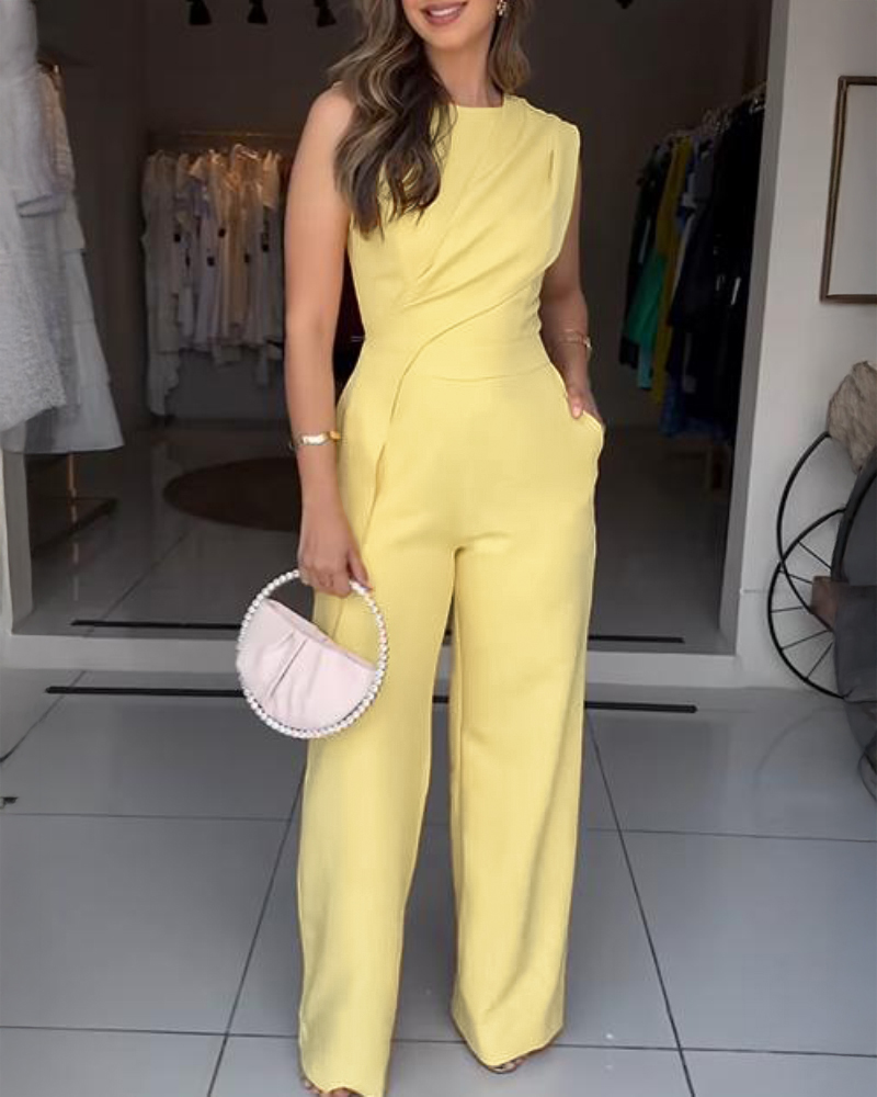 Sleeveless Ruched Asymmetric Design Cut Overalls Casual Zipper Back Jumpsuit With Pockets, women Jumpsuits, ChicMe catalog