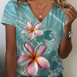 Women Floral Short Sleeve Tee T-shirt V Neck Printing Casual Summer Graphic Tee Top, JustFashionNow T-Shirts, color:Cyan|size:XXL,