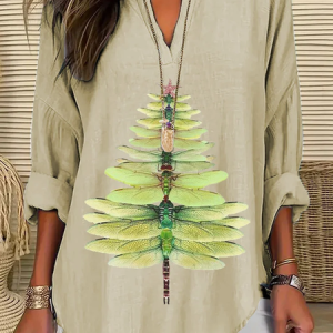 Shawl Collar Half Sleeve Dragonfly Regular Loose Blouse For Women, Blouses, color:Khaki|size:4XL, catalog Noracora shop