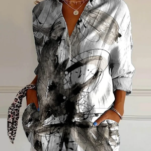 Women Abstract Long Sleeve Shirt Spring/Fall Buckle Shirt Collar Daily Casual Top, JustFashionNow Shirts, color:Black|size:4XL,