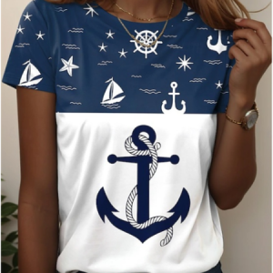 Summer Ocean Anchor Pattern Crew Neck Long Sleeve T-shirt, T-shirts, color:Black|size:4XL, catalog Noracora shop