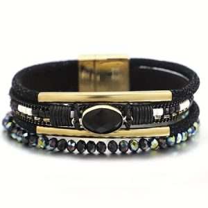 Bohemian Woven Leather Crystal Bracelet, Bracelet Set, color:Black, catalog Noracora shop