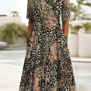 Women Floral Short Sleeve Summer Printing Dress V Neck Daily Casual Maxi A-Line Dress, JustFashionNow Casual Dresses, color:Brown|size:XXL,