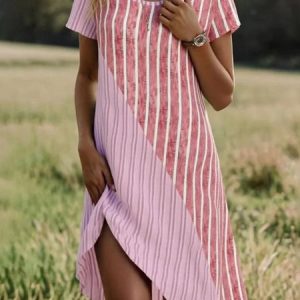 Women Striped Summer Dress Crew Neck Short Sleeve T-Shirt Dress A-Line Dress, Dresses, color:Pink|size:3XL, catalog Noracora shop