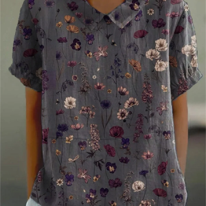 Women Floral Short Sleeve Shirt Summer Printing Shawl Collar Daily Casual Top, JustFashionNow Shirts, color:Deep Purple|size:5XL,
