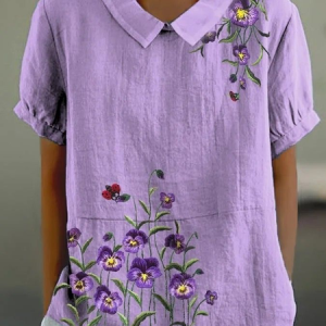 Women's Alzheimer's Floral Print Lapel Short Sleeve Shirt, Blouses, Lilicloth.com