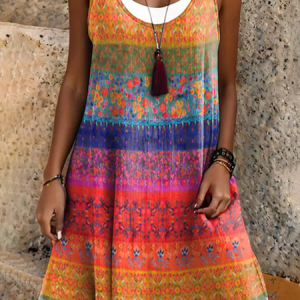 Women Ethnic Sleeveless Summer Dress Crew Neck Daily Casual Midi A-Line Dress, JustFashionNow Dresses, color:As Picture|size:3XL,