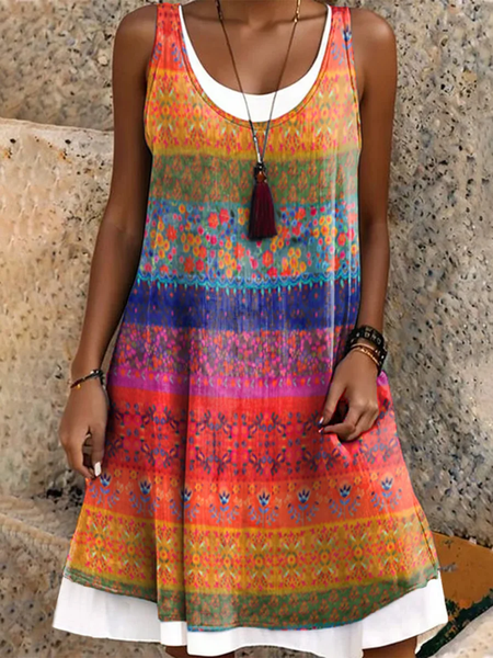 Women Ethnic Sleeveless Summer Dress Crew Neck Daily Casual Midi A-Line Dress, JustFashionNow Dresses, color:As Picture|size:3XL,