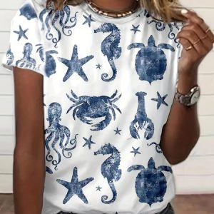 Casual Marine Life Painting Crew Neck Short Sleeve T-shirt, T-shirts, color:White|size:4XL, catalog Noracora shop