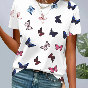 Women Butterfly Short Sleeve Tee T-shirt Crew Neck Printing Casual Summer Graphic Tee Top, JustFashionNow T-Shirts, color:White|size:XXL,