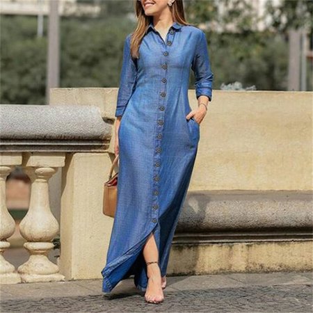 Women Plain Long Sleeve Spring/Fall Dress Stand Collar Daily Casual Maxi Shirt Dress H-Line Dress, JustFashionNow Dresses, color:Blue|size:5XL,