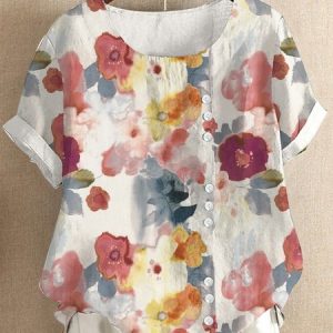 Crew Neck Half Sleeve Floral Regular Regular Fit Blouse For Women, Blouses, color:As Picture|size:4XL, catalog Noracora shop