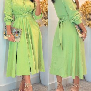 Turn-down Collar Puff Sleeve Tied Detail Shirt Dress Casual Loose A Line Dress, women Shirt Dresses, ChicMe catalog