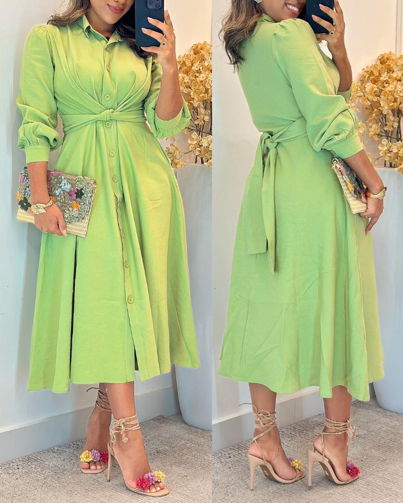 Turn-down Collar Puff Sleeve Tied Detail Shirt Dress Casual Loose A Line Dress, women Shirt Dresses, ChicMe catalog