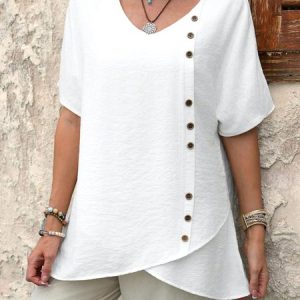 V Neck Short Sleeve Plain Regular Micro-Elasticity Regular Fit Shirt For Women, Shirts, color:White|size:4XL, catalog Noracora shop