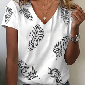 Casual Feather V Neck Short Sleeve T-shirt, T-shirts, color:White|size:XXL, catalog Noracora shop
