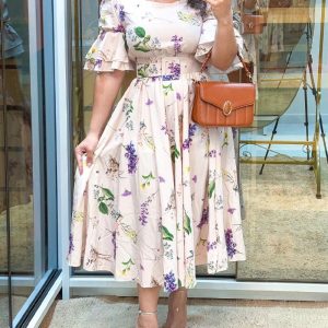 Floral Print Half Sleeve Shirred Dress with Belt, women Print Dresses, ChicMe catalog
