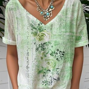 Crew Neck Short Sleeve Floral Regular Loose Tunic Blouse For Women, T-shirts, color:Green|size:5XL, catalog Noracora shop