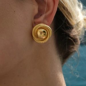 Titanium Steel 18k Gold Plated Threaded Texture Round Earrings, Earrings, color:Golden, Stylewe