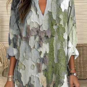 V Neck Long Sleeve Geometric Regular Micro-Elasticity Regular Fit Shirt For Women, Shirts, color:Gray|size:4XL, catalog Noracora shop