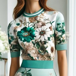 Elegant Floral Printing Crew Neck T-shirt, Tees, color:As Picture|size:XXL, Stylewe
