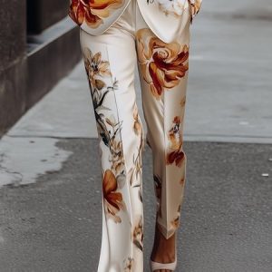 Elegant Luxury Satin Floral Straight-Leg Pants, Pants, color:As Picture|size:XS, Stylewe