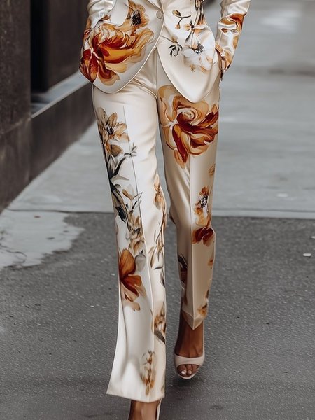 Elegant Luxury Satin Floral Straight-Leg Pants, Pants, color:As Picture|size:XS, Stylewe
