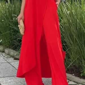 Vacation Plain Wide Leg Pants, Pants, color:Red|size:XXL, Stylewe