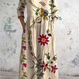 Women Floral V Neck Long Sleeve Comfy Casual Maxi Dress, Maxi, color:Apricot|size:4XL, catalog Noracora shop